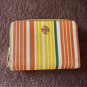 Tory Burch Striped Emerson Zip Wallet w/ Key Ring Orange Yellow & Green